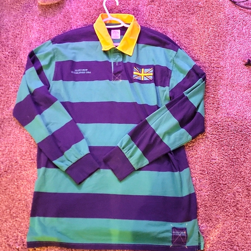 Men's XXL LS Rugby Polo Green and Navy with a yellow collar